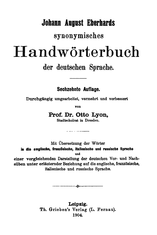 Johann August Eberhard: Synonymisches Handwörterbuch der deutschen Sprache, 1910